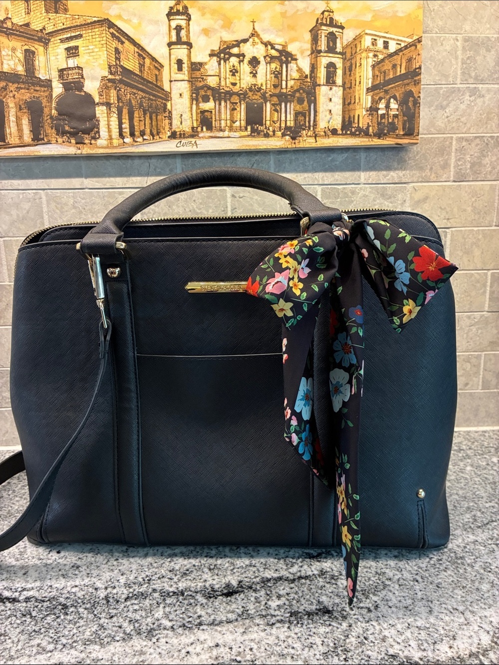 Steve Madden Black Satchel with Floral Scarf Accent.  B21 - Picture 10 of 10